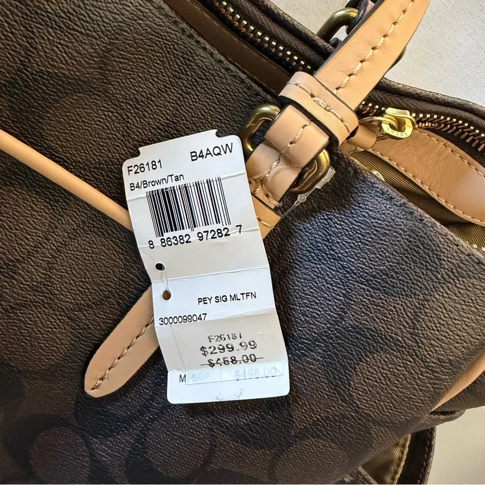 Coach Brown Signature Baby Bag with Tan Trim and Red Tag